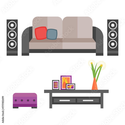 Modern living room illustration Sofa, speakers, coffee table, and plant arrangement