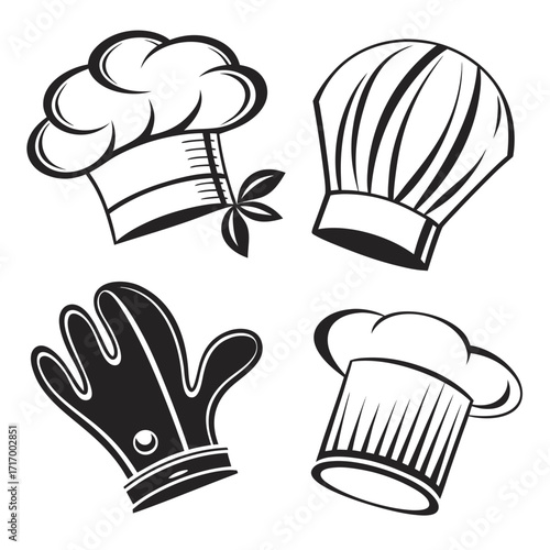 Four Chef Hats and Oven Mitts Icons toque blanche cooking glove