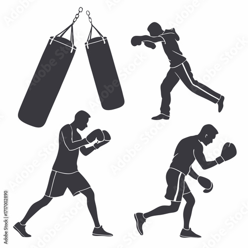 Four Dark Silhouettes of Boxers and Punching Bags Keywords: boxing, boxer, silhouette, training
