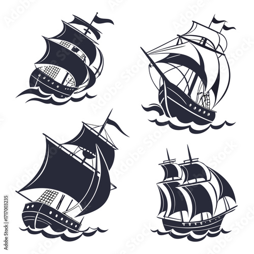 Four Silhouetted Tall Ships on Waves sailing ship schooner