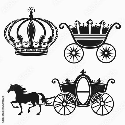 Horse-drawn carriage and crowns silhouette Keywords: carriage, crown, horse, royal, silhouette