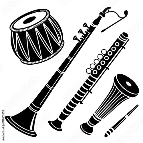 Indian Wind and Percussion Instruments Silhouette Indian music