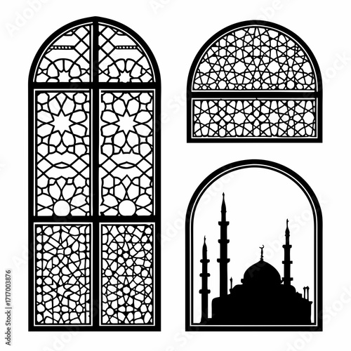 Islamic Arched Windows With Geometric Patterns And Mosque Silhouette Keywords: islamic, arched