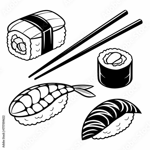 Line Art Sushi and Chopsticks Composition maki nigiri
