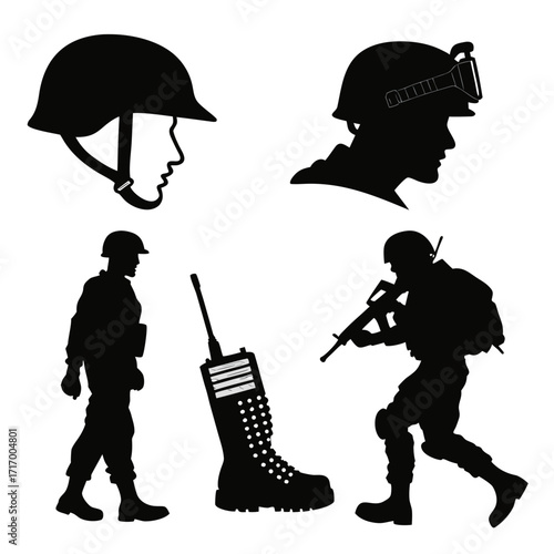 Military Soldier Equipment and Action Silhouettes gear