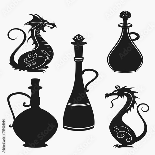 Mythical Dragons and Ancient Vases Silhouette Collection
