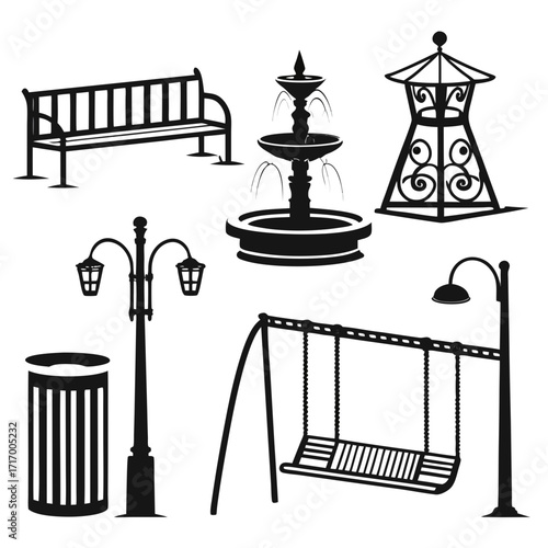 Park and Playground Elements Silhouette Collection Keywords: park bench, fountain, street lamp