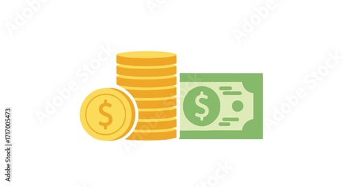 Illustrative rendering of stacks of gold coins and a green dollar bill symbolizing financial wealth and prosperity