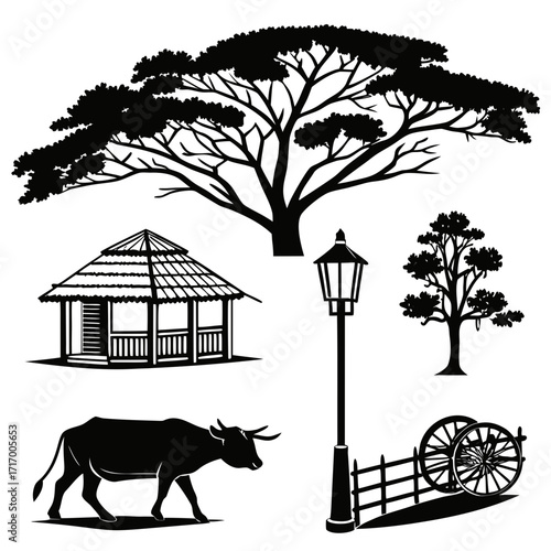 Rural Village Scene Silhouettes With Trees And Buffalo Keywords: rural, village, scene