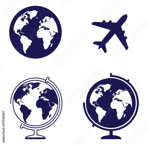 Earth globes and airplane silhouettes representing travel and global concepts on white background