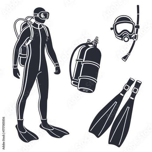 Scuba Diving Equipment and Diver Silhouette wetsuit