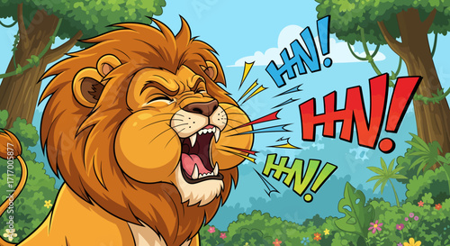 Cartoon lion roaring loudly in a vibrant jungle illustration, showcasing a close-up view with bold colors and a playful style.