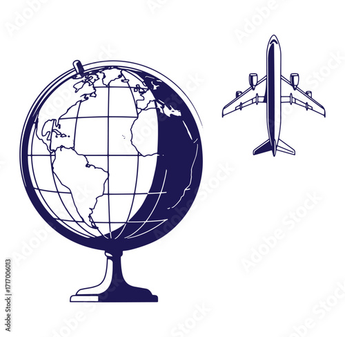 Globe and airplane illustration representing global travel and international destinations
