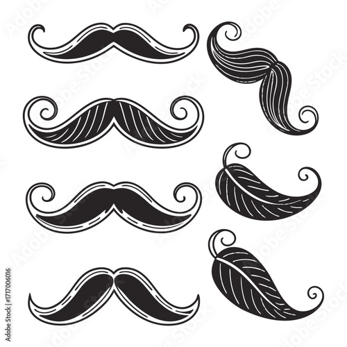 Set of seven black and white mustache and leaf illustrations
