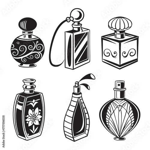 Set of Six Decorative Vintage Perfume Bottles Line Art