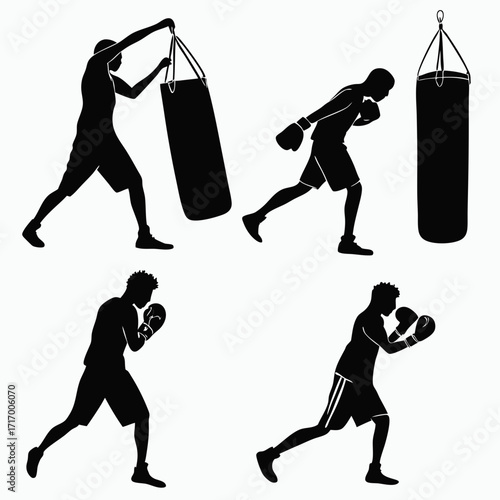 Silhouette Boxer Training With Punching Bag And Boxing