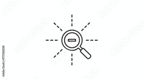Thin line style illustration of a magnifying glass with a minus symbol inside, representing decrease or reduction search,isolated on a white