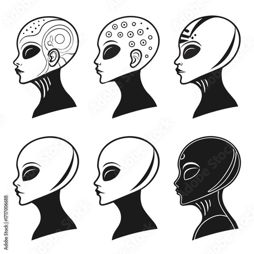 Six Alien Head Designs with Intricate Details extraterrestrial