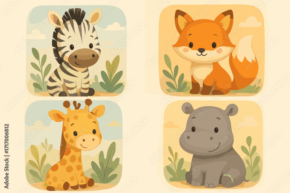 Obraz premium Cute animal icons in soft colors on a light background 