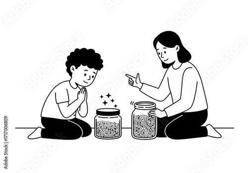 Young boy and girl playing with jars of colorful beads on floor  