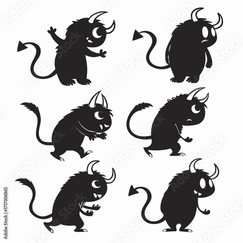 Six Black Silhouette Monsters with Horns and Varied Expressions
