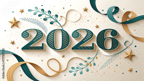 Elegant 2026 New Year Design: Gold, Teal, Papercut Style, Festive Mood