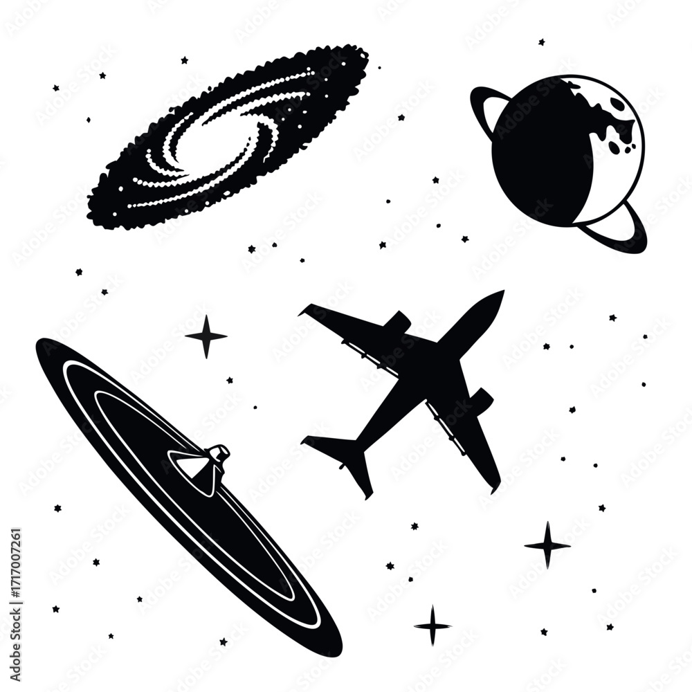Naklejka premium Space Travel and Celestial Objects Silhouette Collection