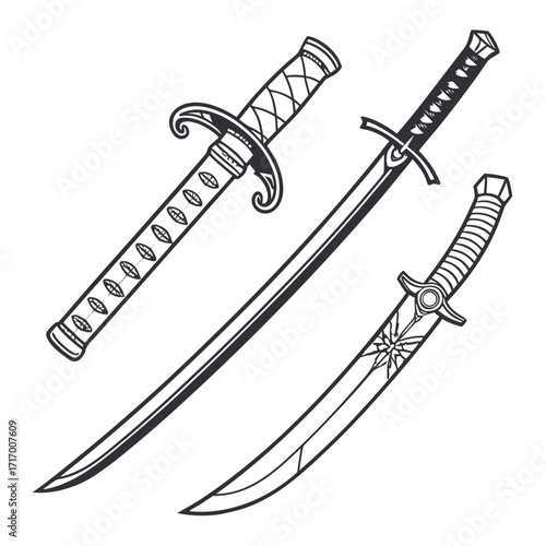 Three Line Art Illustrations of Swords with Decorative Hilts
