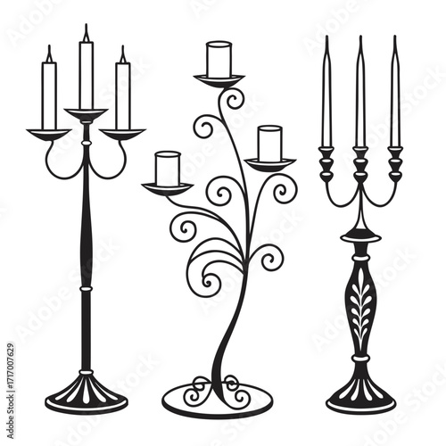 Three Silhouette Candlesticks with Candles on White Background