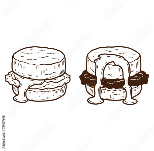 Two hand drawn biscuits with gravy illustration isolated on white background