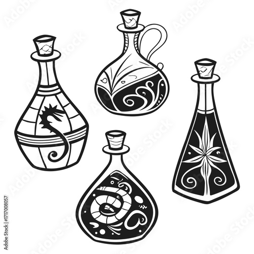 Vintage fantasy potion bottles with mythical creatures