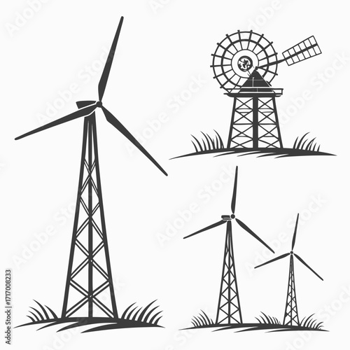 Wind Turbines and Windmills with Grass various