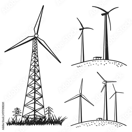 Wind Turbines and Windmills with Power Lines various