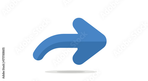Stylized directional arrow in blue pointing right with curved tail indicating redirection concept with soft shadow over plain white background