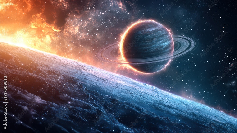Obraz premium Cosmic Dance: A Ringed Planet's Majestic Orbit Near a Fiery Star