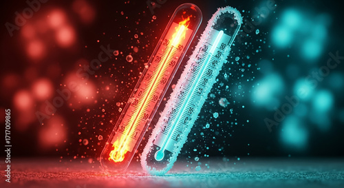 Thermometers showing extreme hot and cold temperatures concept