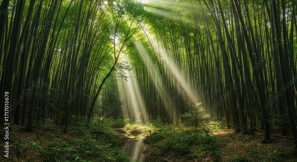 Naklejka premium Serene Bamboo Forest Illuminated by Sunbeams, Creating a Tranquil and Mystical Atmosphere