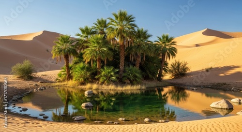 Wallpaper Mural Scenic Sahara Desert Oasis: Tranquil Pond Surrounded by Palm Trees and Sand Dunes Landscape Torontodigital.ca