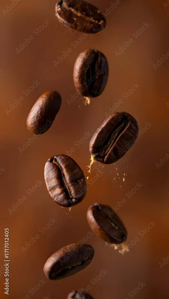 Fototapeta premium Dark roasted coffee beans falling with golden liquid droplets