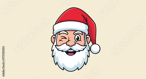 Cartoon illustration of a winking Santa Claus head with a happy expression on a plain background.