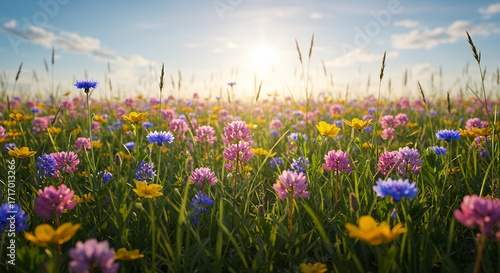 Fototapeta Naklejka Na Ścianę i Meble -  Vibrant field of wildflowers under a bright sunny sky with soft focus and copy space