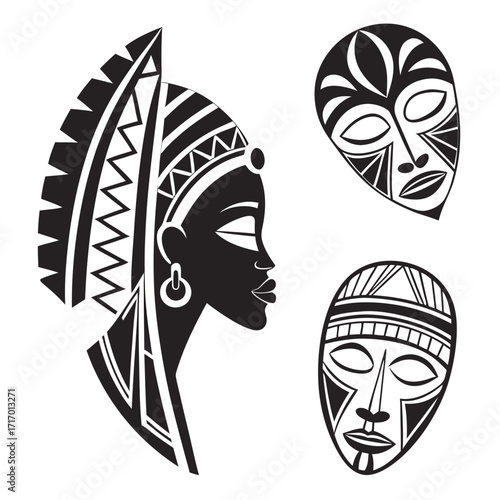 African Woman Profile Silhouette And Two Tribal Masks Keywords: african, woman, profile