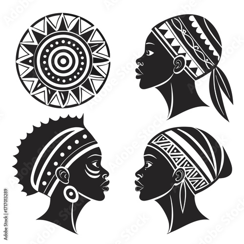 African Women Silhouettes and Tribal Sun Symbol woman