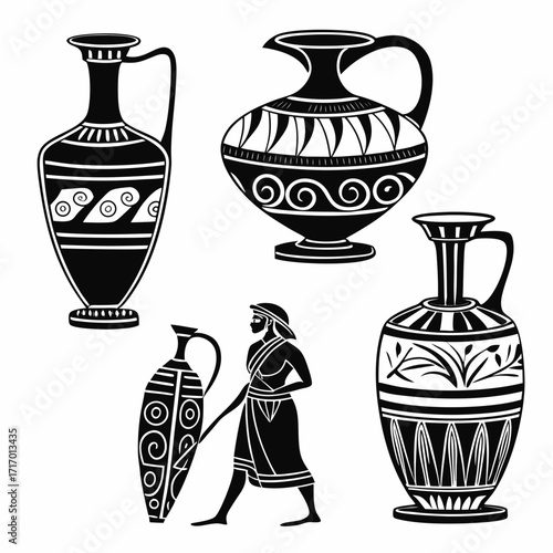 Ancient Greek pottery and a figure with a vase amphora