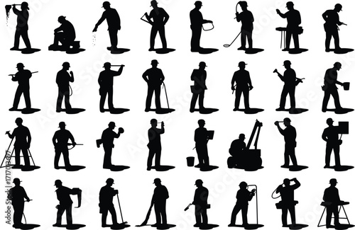 Construction worker silhouettes, manual labor illustration, building site activities, industrial workforce design, construction tools vector, black and white graphic, occupational work concept art