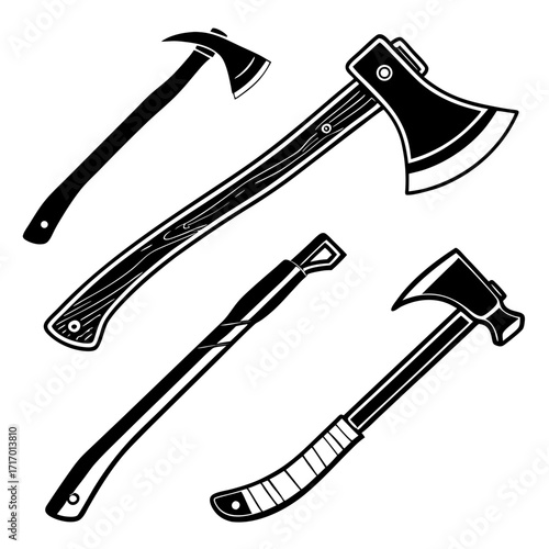 Assortment of Axe Silhouettes with Wooden Handles hatchet