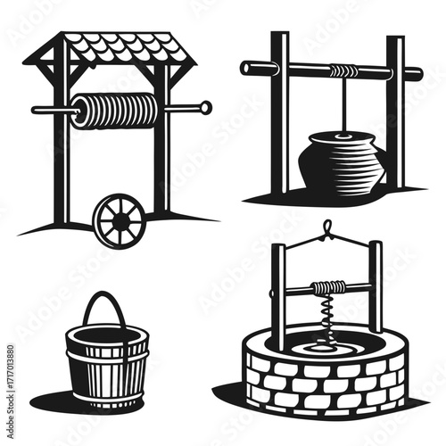 Assortment of Four Silhouette Water Wells and Buckets