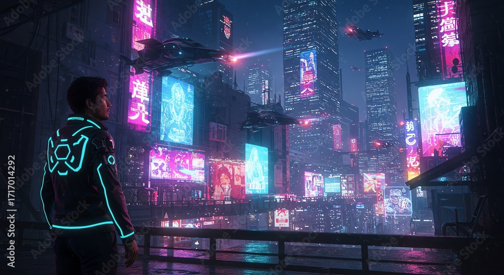 Fototapeta premium Neon city skyline with flying vehicles