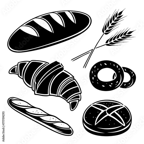 Black and white illustration of assorted baked goods and wheat ears Keywords: bread, baguette