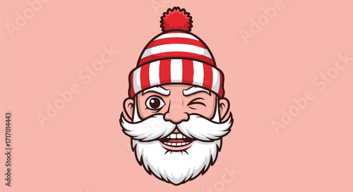A cheerful cartoon illustration of Santa Claus winking and wearing a striped hat.